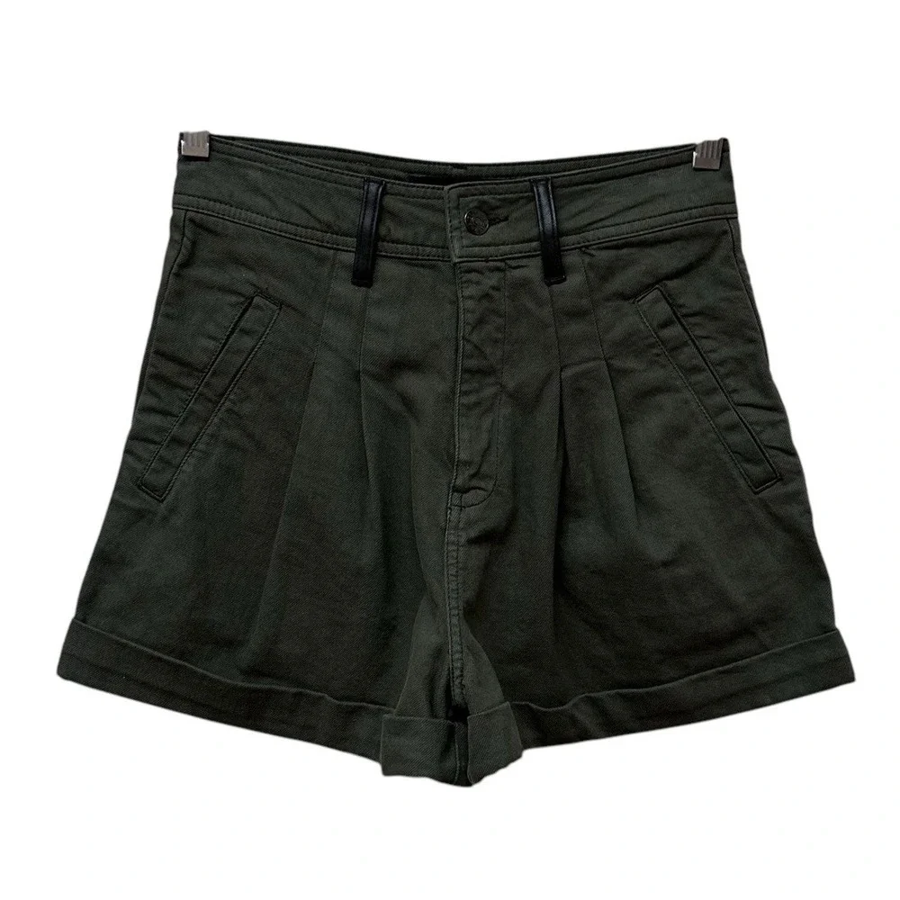 The Kooples Cotton Faux Leather Trim Green Cuffed Shorts 26
